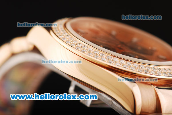 Rolex Daytona Chronograph Miyota Quartz Movement Full Rose Gold with Rose Gold Dial - Three Black Subdials and Double Row Diamond Bezel - Click Image to Close
